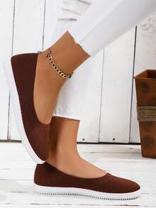 女款簡約編織款懶人運動鞋,棕色圓頭戶外休閒運動鞋 - 棕色 - 查看 3