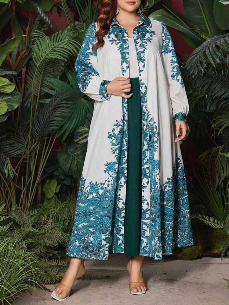 Plus Size Women's Printed Long Sleeve Shirt And Skirt Set