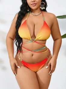 SHEIN Swim Curve Summer Beach Plus Size Gradient Halter Triangle Bra & Bikini Bottom Set