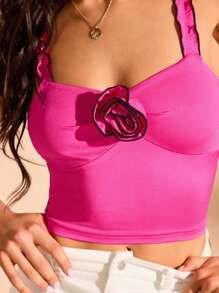 Forever 21 Ladies' Pink Color Block Spaghetti Strap Camisole With 3d Flower Appliques & Fringe Trim - Hot Pink - View 4