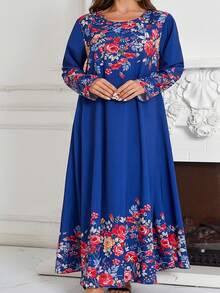 Plus Size Women Round Neck Long Sleeve Loose Casual Printed Dress - Blue - View 3