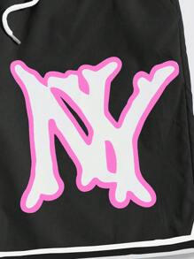 ROMWE MEN Prep Quần short cạp rút họa tiết chữ cái cho nam, đi học - màu đen - Xem 4