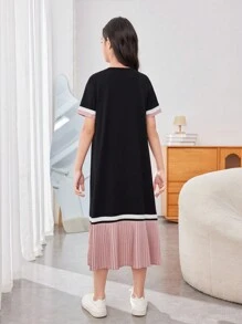 SHEIN Leap Crew Tween女孩鬆身休閒圓領套頭式彩塊褶裙中長裙 - 彩色 - 查看 2