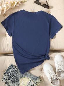 INAWLY 女士花卉印花短袖 T 恤 图案 T 恤 女士上衣 - 藏蓝色 - 查看 2