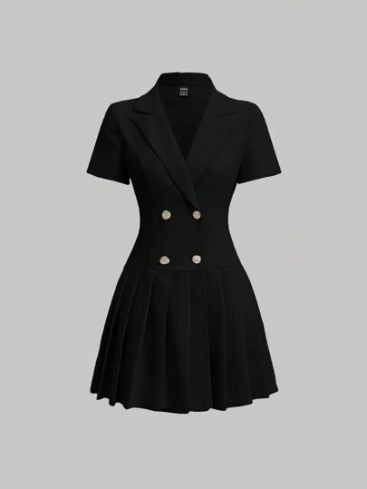 SHEIN MOD 女式双排扣立领压褶连衣裙，女士优雅双纽扣、褶皱、荷叶边下摆短袖翻领修身短款黑色常规袖纯色衬衫女式短裙，春季/秋季，职业/商务装/工作服