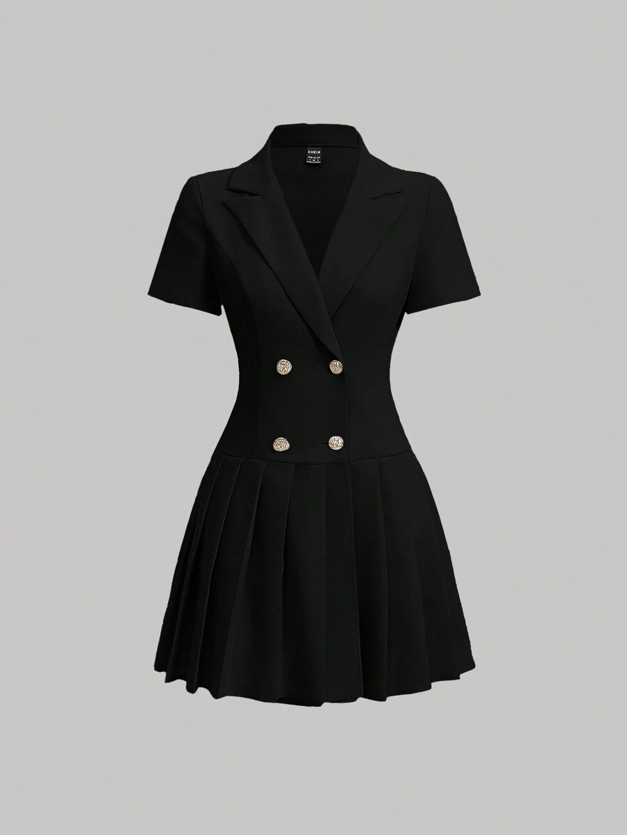 SHEIN MOD 女式双排扣立领压褶连衣裙，女士优雅双纽扣、褶皱、荷叶边下摆短袖翻领修身短款黑色常规袖纯色衬衫女式短裙，春季/秋季，职业/商务装/工作服 - 黑色 - 查看 1