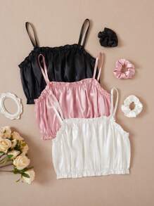 Tween Girl 3pcs Solid Color Ruffle Hem Camisole Tops