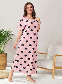 大码心形印花睡衣裙，长裙