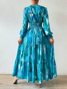 Calvaya Tie-Dye Lantern Sleeve Drawstring High Waist Long Dress Maxi Women Outfit
