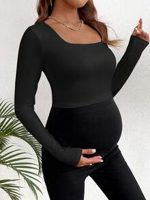 SHEIN 純色孕婦修身鑰孔領長袖t恤 - 黑色 - 查看 3