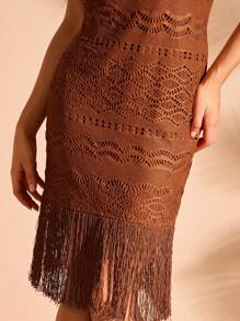 Forever 21 Tassel Hem Hollow Out Knitted Vacation & Casual Sleeveless Dress - Brown - View 5