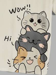 SWAVVY Men's Knitted Leisure Short Sleeve T-Shirt With Cartoon Cat Printing And Letter Graphic, Summer