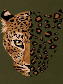 INAWLY Plus Size Leopard Print Round Neck Drop Shoulder T-Shirt, Graphic Cheetah Print Tees Women Tops - Army Green - View 3