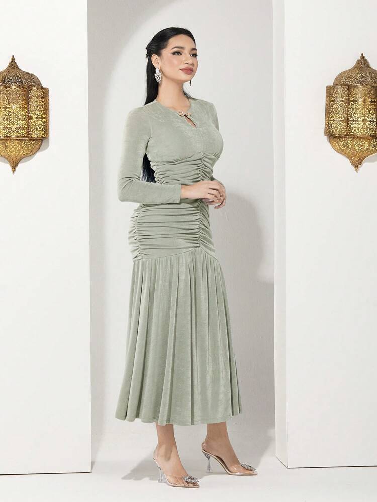 Women's Long Sleeve Ruffle Pleated Hem Midi Dress Long Evening Dresses