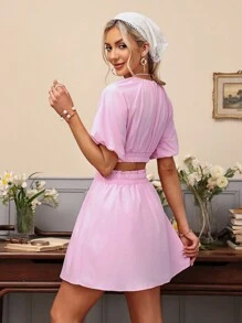 Aveloria Solid Color Hollow Out & Pleated Casual Dress - Baby Pink - View 2