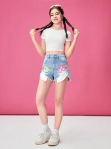少女熊及心形印花水洗牛仔短褲，磨損邊緣處理 - 中等水洗藍 - 查看 3