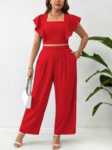 SHEIN Clasi 大尺碼實色方領短袖上衣,帶褶邊袖子和直筒褲,休閒風格 - 紅色 - 查看 5