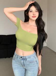 Dazy Designer Women Green Off Shoulder Fitted T-Shirt Summer,Crop Tops Women