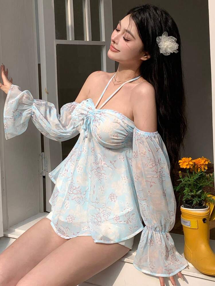 Women Floral Allover Print Chiffon Halterneck Top With Flare Sleeves,Ruffle,Fall Long Sleeve Top Vacation Cruise Outfit For Women Boho