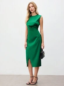 BizChic Women's Solid Color Green Wrap Front Slit Bodycon Dress - Green - View 2