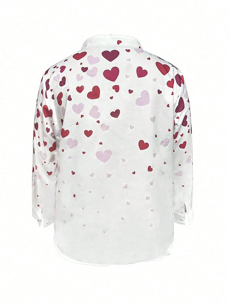 Plus Size Women's Heart Print Notched Collar Long Sleeve Shirt