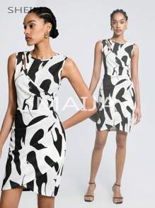 Maija Women's Sleeveless Round Neck Printed Dress - Black and White - View 1