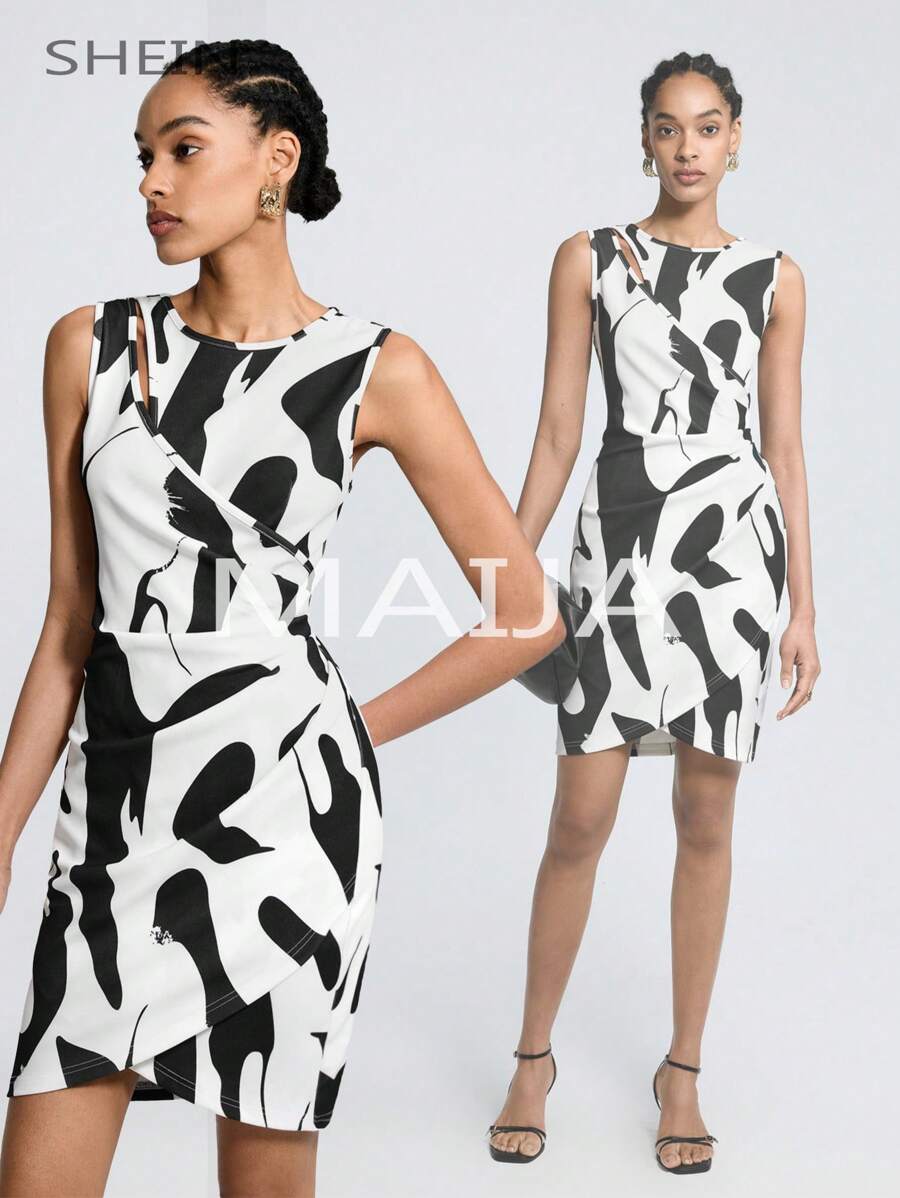 Maija Women's Sleeveless Round Neck Printed Dress - Black and White - View 1