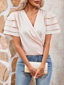 SHEIN Clasi Camisa Coral Casual De Cuello En V, Con Detalles De Volantes Y Decoración De Color Sólido - Albaricoque - Ver 3