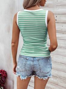 EMERY ROSE Women's Striped Round Neck Slim Fit Pleated Tank Top - Mint Green - View 2