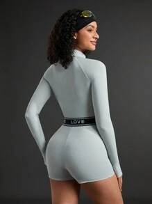 In My Nature Letter Printed Stand Collar Zipper Detail Thumb Hole Slim Fit Jumpsuit - Blue - View 2