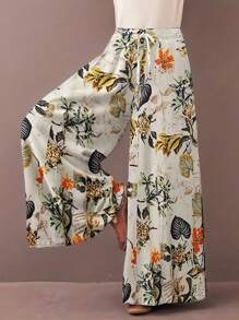 Plus Size Women Casual Plant Print Slant Pocket Loose Wide Leg Pants - Multicolor - View 5