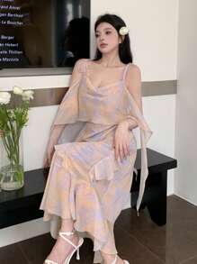 DAZY Women's Spaghetti Strap Sleeveless Ruffle Hem Chiffon Dress Sundress - Purple - View 13