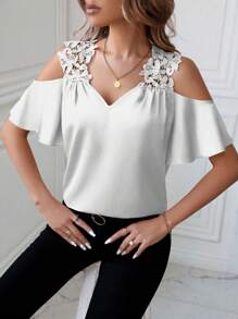 SHEIN Clasi 純色蕾絲拼接露肩上衣 - 白色 - 查看 3