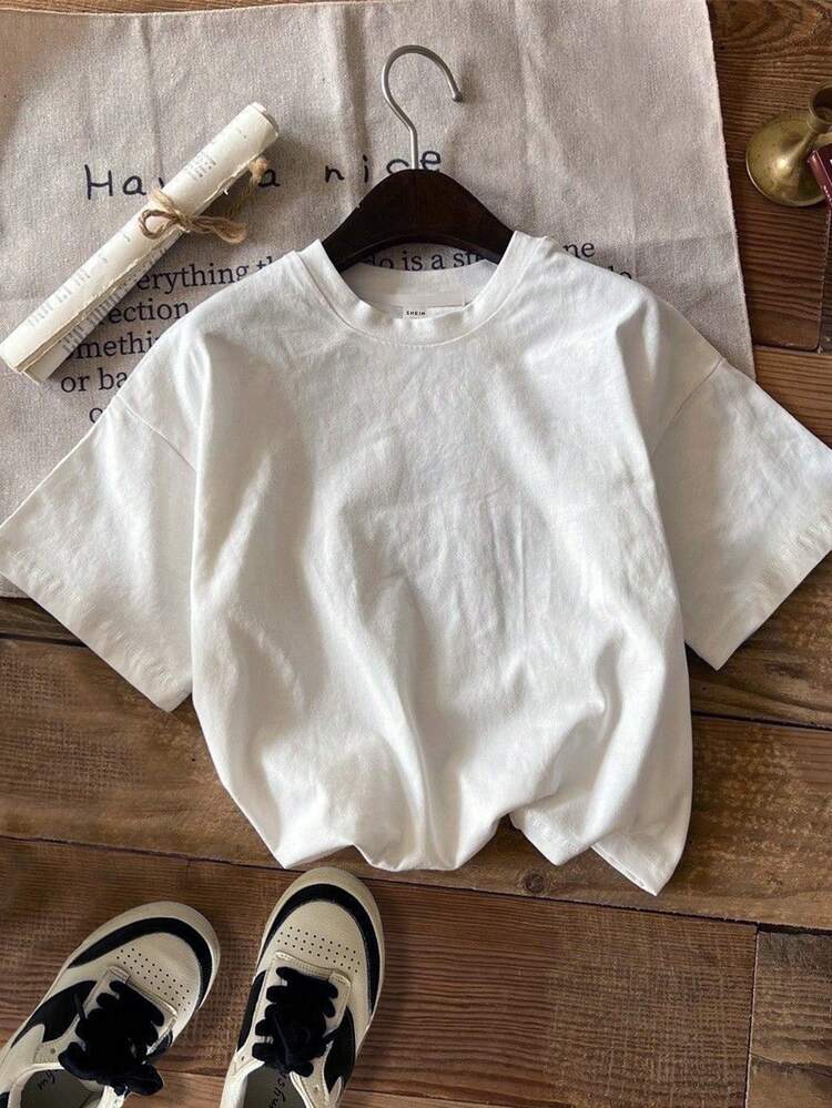 Tween Girl Casual Simple Letter Pattern Short Sleeves T-Shirt, Round Neckline, Suitable For Summer