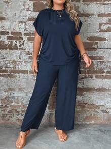 SHEIN LUNE Top De Manga De Murciélago Redonda De Color Sólido De Talla Grande Y Pantalones Rectos - Azul Marino - Ver 3
