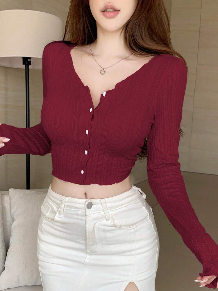 Valentine's Day Heart Print Front Button Cropped Women T-Shirt,Fall Clothes Long Sleeve Women Tops Valentine's Day