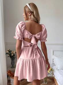 Breezaya 女士簡短蓬松袖紋理提花後綁裝飾連衣裙 - 粉色 - 查看 2