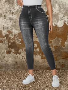 SHEIN LUNE 大码女式牛仔效果印花紧身裤 - 深灰色 - 查看 5