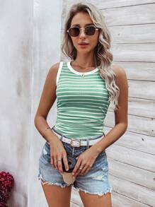 EMERY ROSE Women's Striped Round Neck Slim Fit Pleated Tank Top - Mint Green - View 3