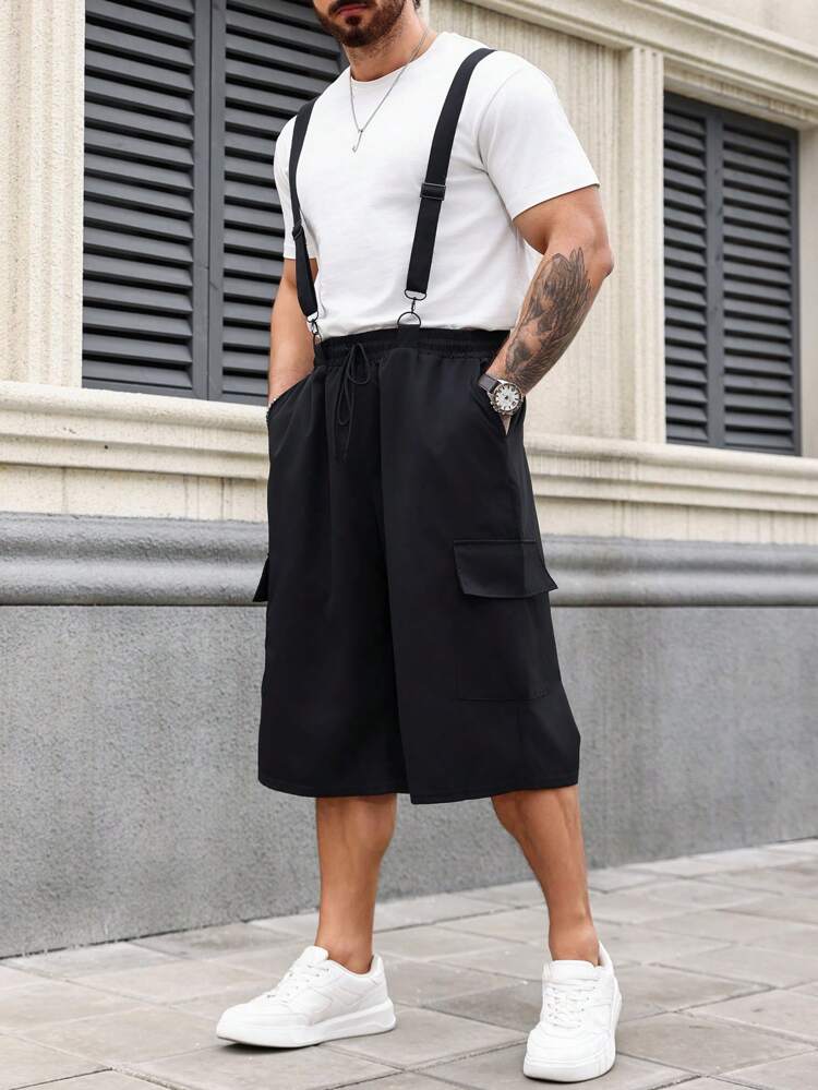 Men's Plus Size Loose Overalls With Drawstring Waist, Slanted Pockets