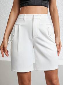 Firerie Shorts de mujer con pliegues y bolsillos unicolor de cintura alta