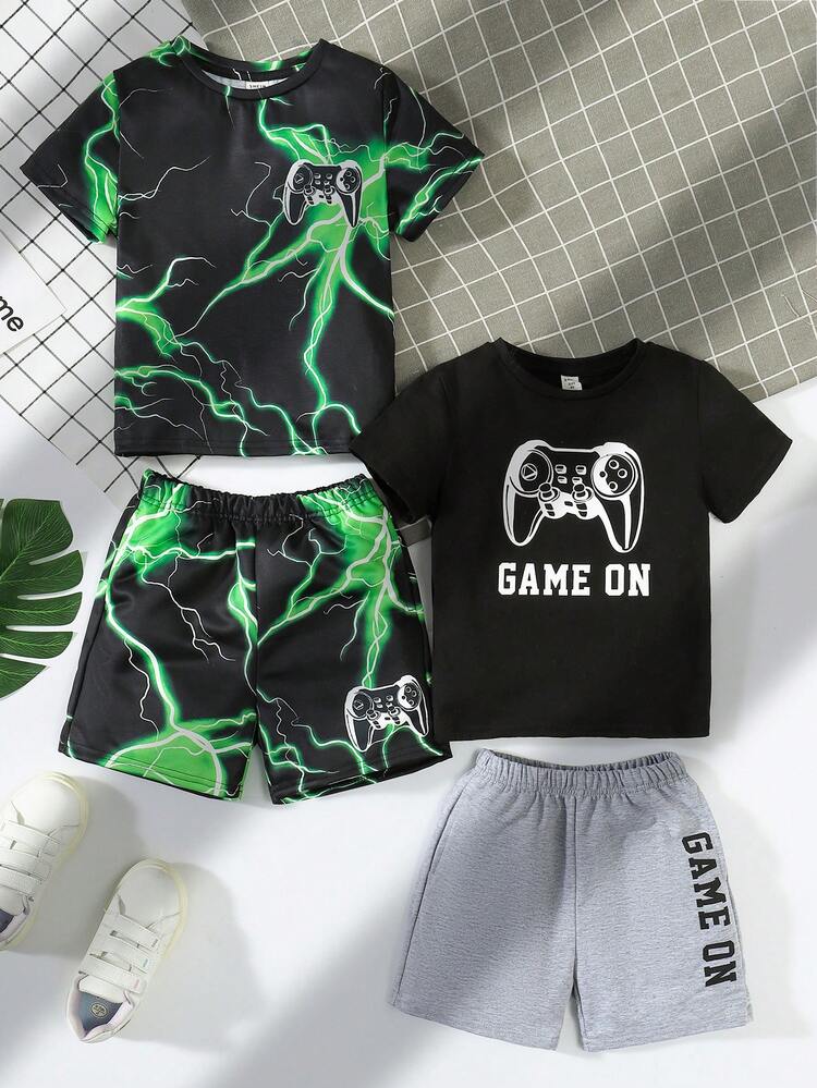 Young Boy 4pcs/Set Casual Video Game Pattern Short Sleeve Top And Shorts With Lightning Game Controller Pattern Short Sleeve Shirt And Shorts