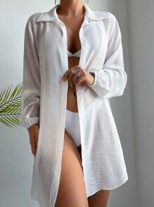 SHEIN Swim Summer Beach Solid Color Side Split Longline Cover-Up