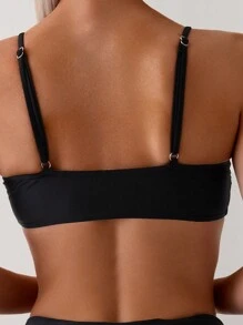 SHEIN Swim Ladies' Summer Beach Solid Color Twist Front Bikini Top - Black - View 2