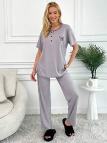 RueChic 2pcs/Set Women Cotton Butterfly Embroidered Homewear Pajama Set - Grey - View 3