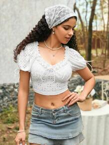 Soleia Round Neck Short Sleeve Tie Front Short T-Shirt With Frilled Hem