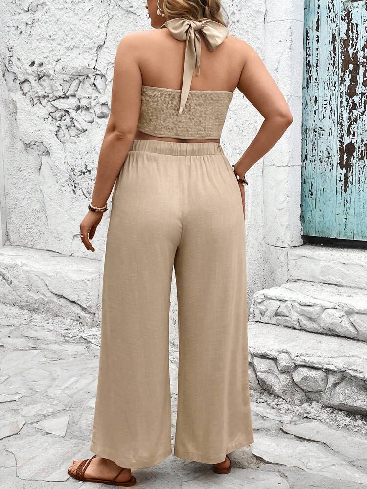 Plus Size Plain Cross Halter Neck Top And Drawstring Waist Wide Leg Pants Two-Piece Set