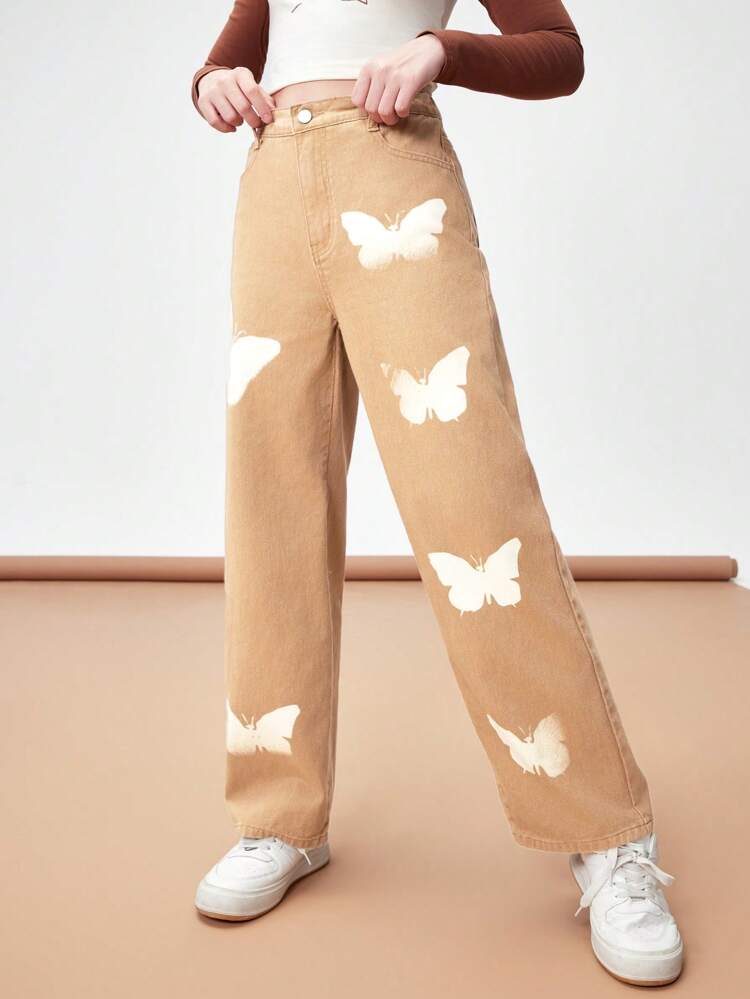 Teen Girls' Butterfly Pattern Casual Straight Leg Jeans