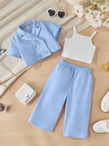 SHEIN 嬰兒女寶寶休閑純色短袖襯衫、褲子和吊帶三件套裝 - 藍色 - 查看 1