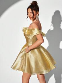 SHEIN Belle Elegant, Cute, Gorgeous And Charming, Fashionable Women's Clothing, Luxurious Gold Silk Bright Weaving, Simple One-Shoulder Double-Layer Ruffle Collar With Pockets, High Waist, A-Line Umbrella Hem, Wedding Guest Bachelorette Party, Vacation Travel, Graduation Season, Homecoming, Music Festival, Dance, Afternoon Tea, Date Party, Cocktail Party Dress Prom Semi Formal Dress, For Birthday